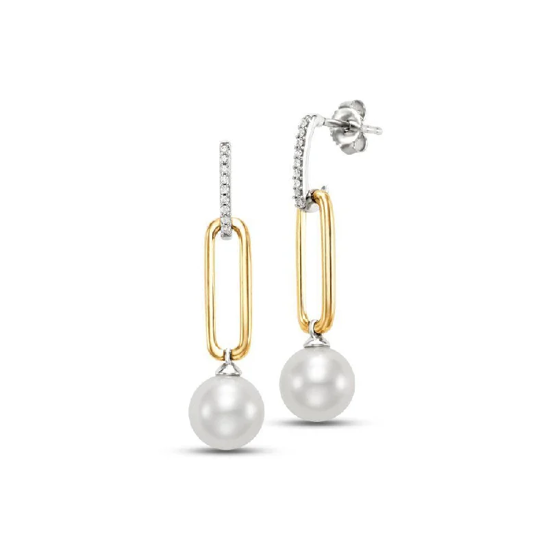 Geometric Silver Earrings 14k Two-Tone Drop Pearl Earrings