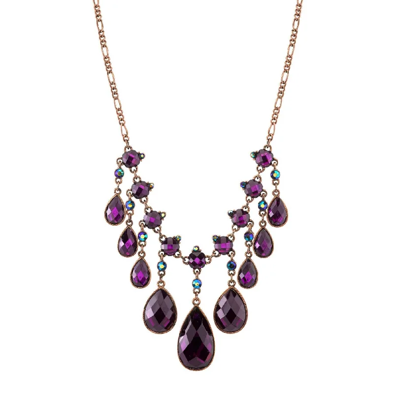 2028 Jewelry Burnished Purple With Ab Crystal Accent Teardrop Bib Necklace 16" + 3" Extender