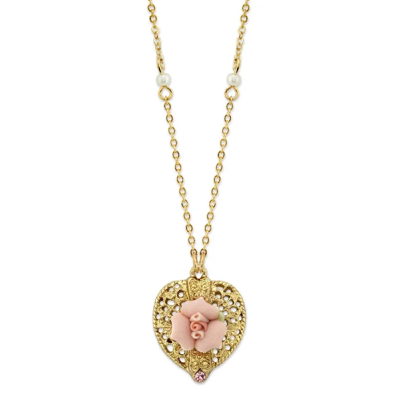 1928 Bridal Pink Crystal Heart And Pink Porcelain Rose Filigree Pendant Necklace 16" + 3" Extender