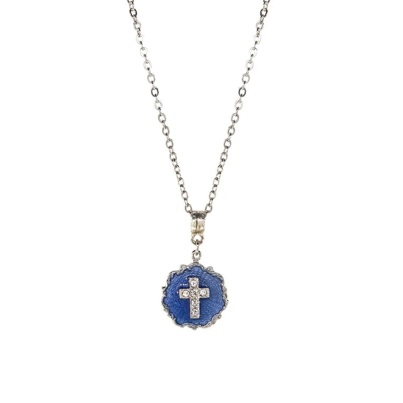 Symbols Of Faith Sunburst Blue Enamel Crystal Cross Pendant Necklace 16" + 3" Extender