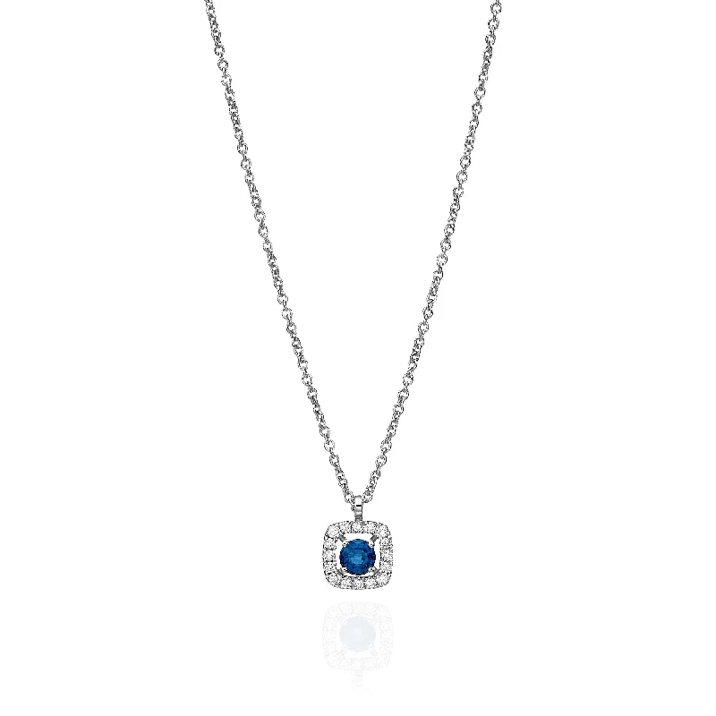 Diamond and Blue Sapphire Halo Necklace