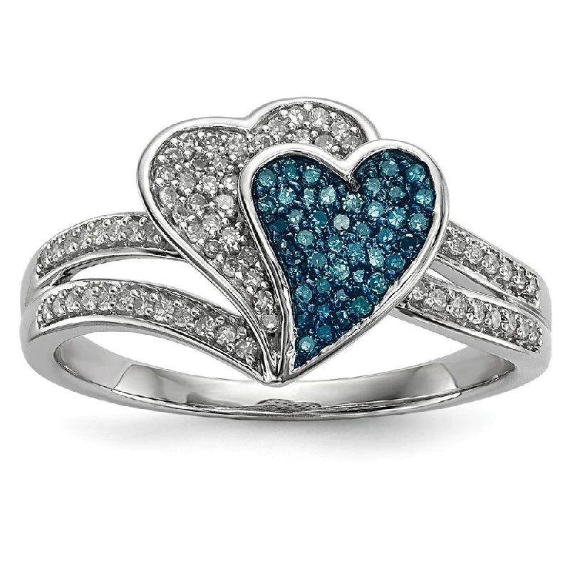 1/3 Ctw Blue & White Diamond Double Heart Ring in Sterling Silver