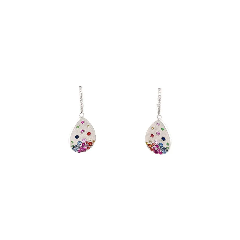 Adjustable Gold Bangle 14 Karat White Gold Pear shape earrings with Multi Colored Sapphires and Tsavorites on Diamond Huggy