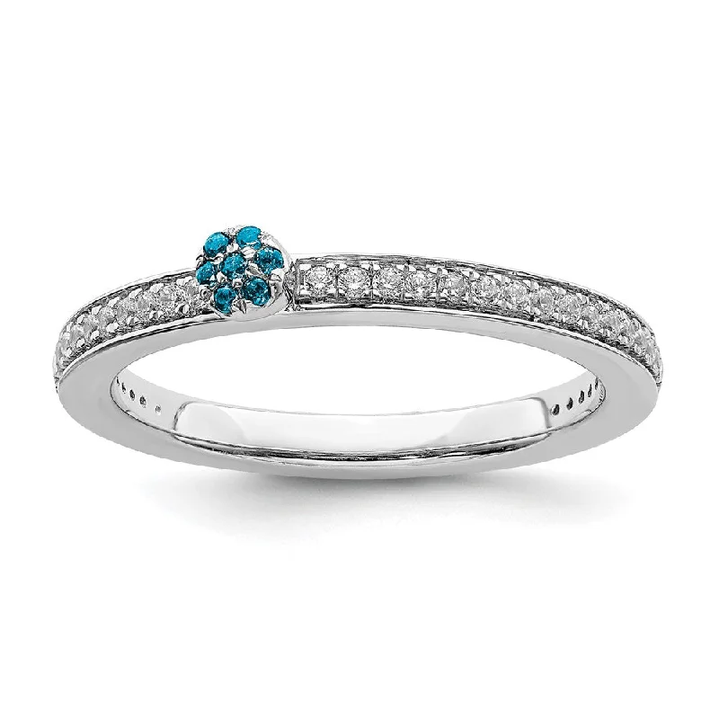 14k White Gold, Blue Topaz & 1/8 Ctw Diamond Stackable Ring