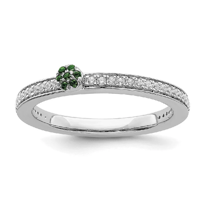 14k White Gold, Created Emerald & 1/8 Ctw Diamond Stackable Ring