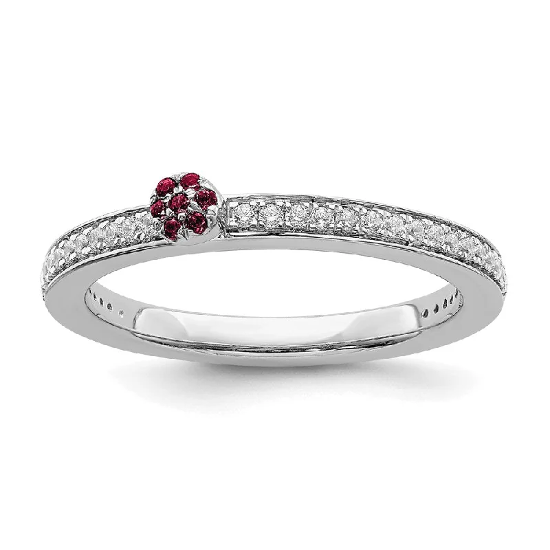 14k White Gold, Created Ruby & 1/8 Ctw Diamond Stackable Ring