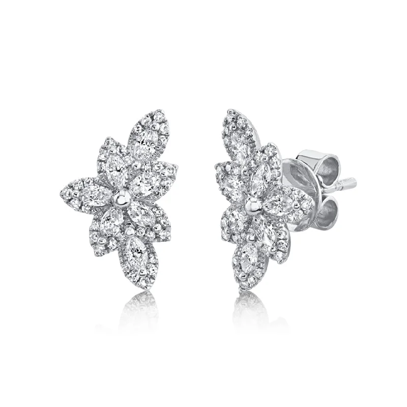 Handmade Gold Earrings 14K White Gold Diamond Flower Stud Earring
