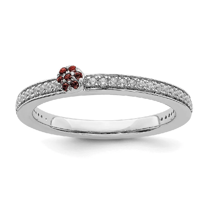 14k White Gold, Garnet & 1/8 Ctw Diamond Stackable Ring