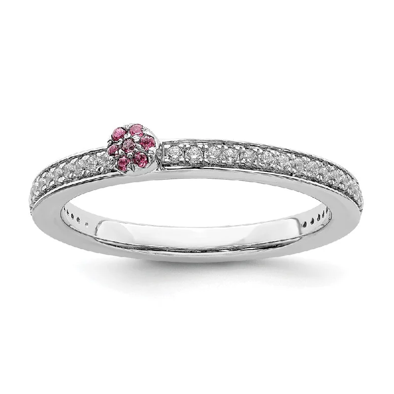 14k White Gold, Pink Tourmaline & 1/8 Ctw Diamond Stackable Ring