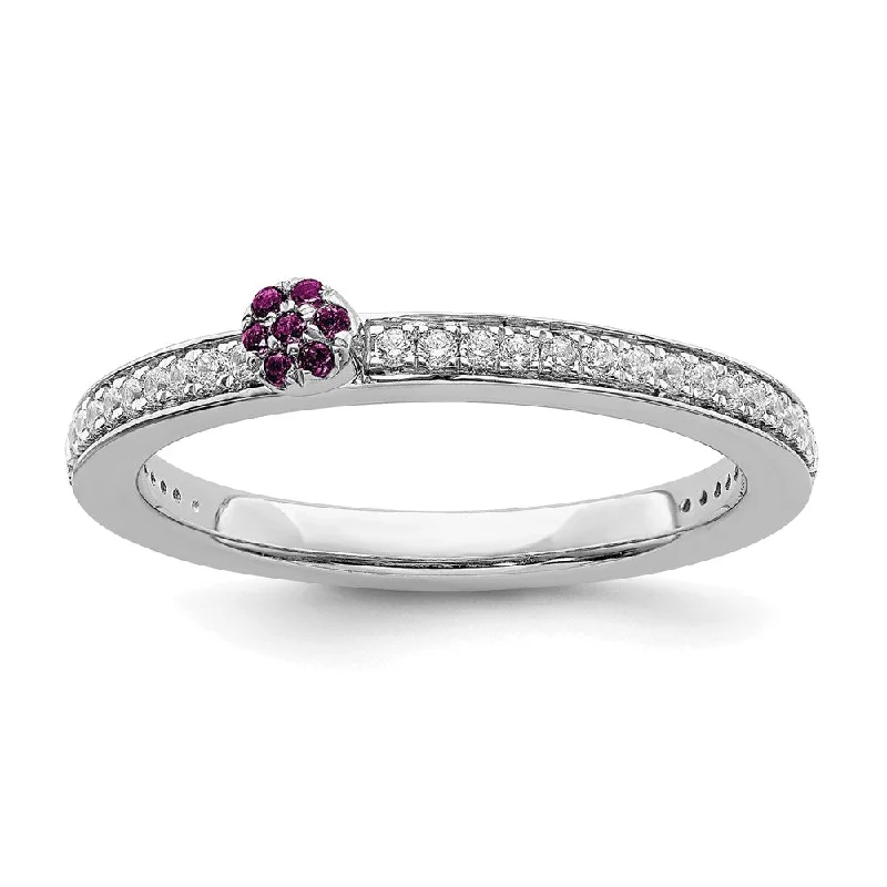 14k White Gold, Rhodolite Garnet & 1/8 Ctw Diamond Stackable Ring