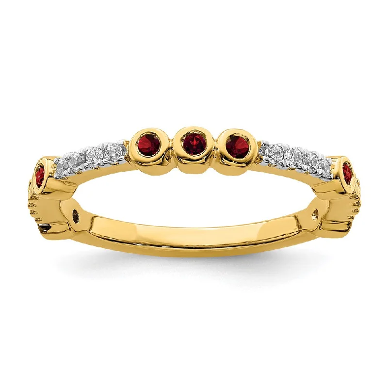 2mm 14k Yellow Gold Garnet & .08 Ctw Diamond Stackable Band