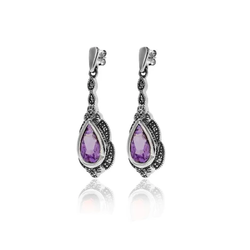 Elegant Cuff Bracelet Amethyst Drop Marcasite Earrings