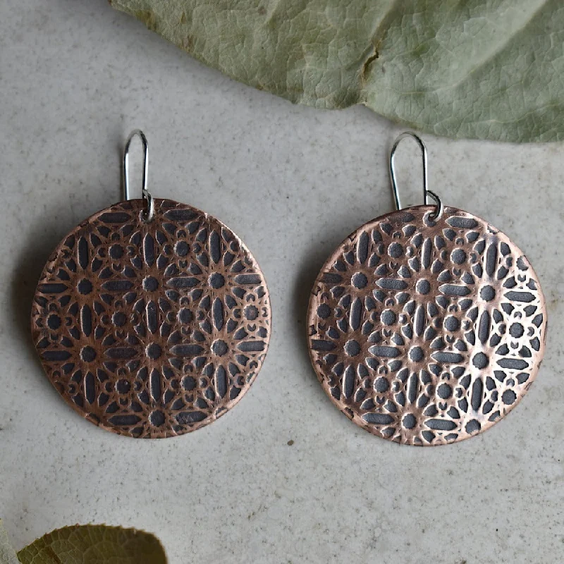 'Lines & Circles' Large Copper Disc Drop Earrings