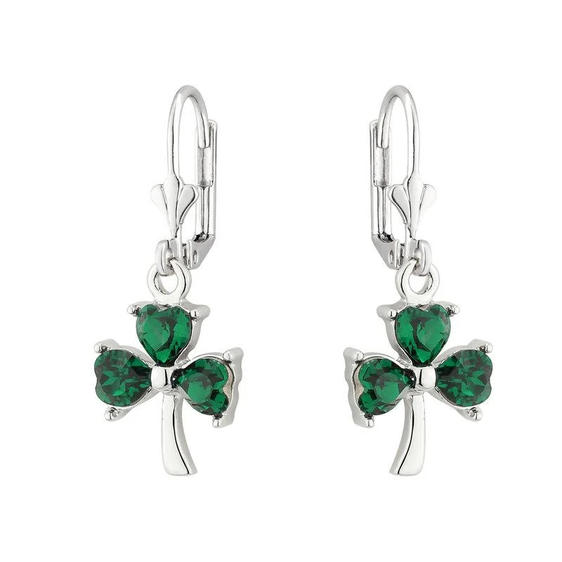 Rhodium Crystal Shamrock Drop Earrings