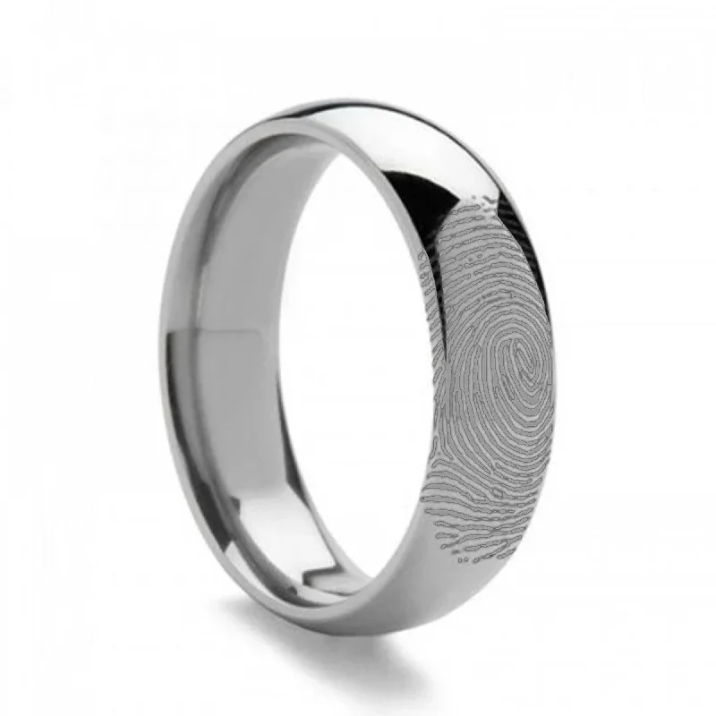 10k Fingerprint Ring White Gold Engraved Domed Band - 4mm - 8mm