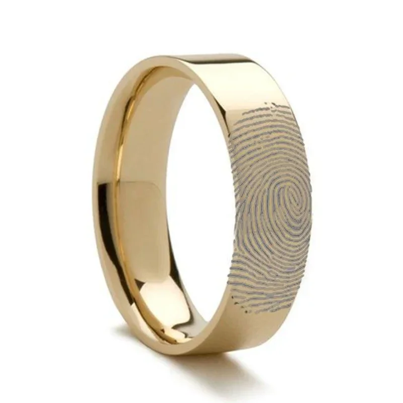 10k Fingerprint Ring Yellow Gold Engraved Flat Band - 4mm - 8mm