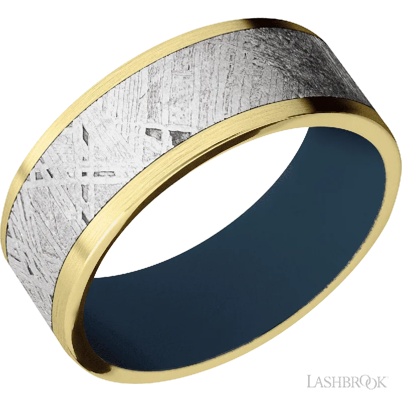 10K Yellow Gold with Satin Finish and Meteorite Inlay and Navy Blue - 8MM