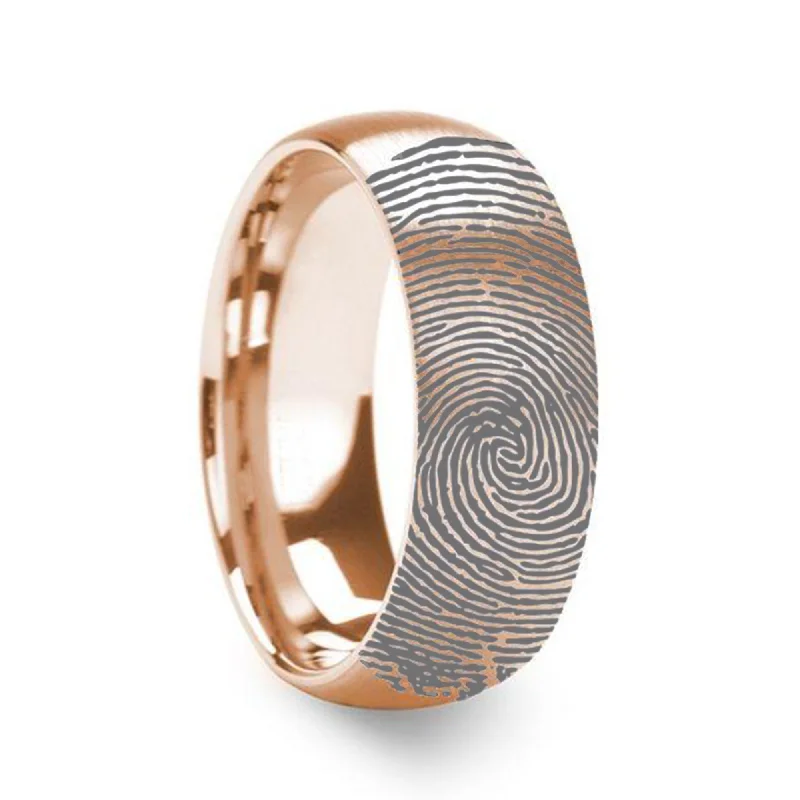 14k Fingerprint Ring Rose Gold Engraved Domed Brushed Band - 4mm - 8mm