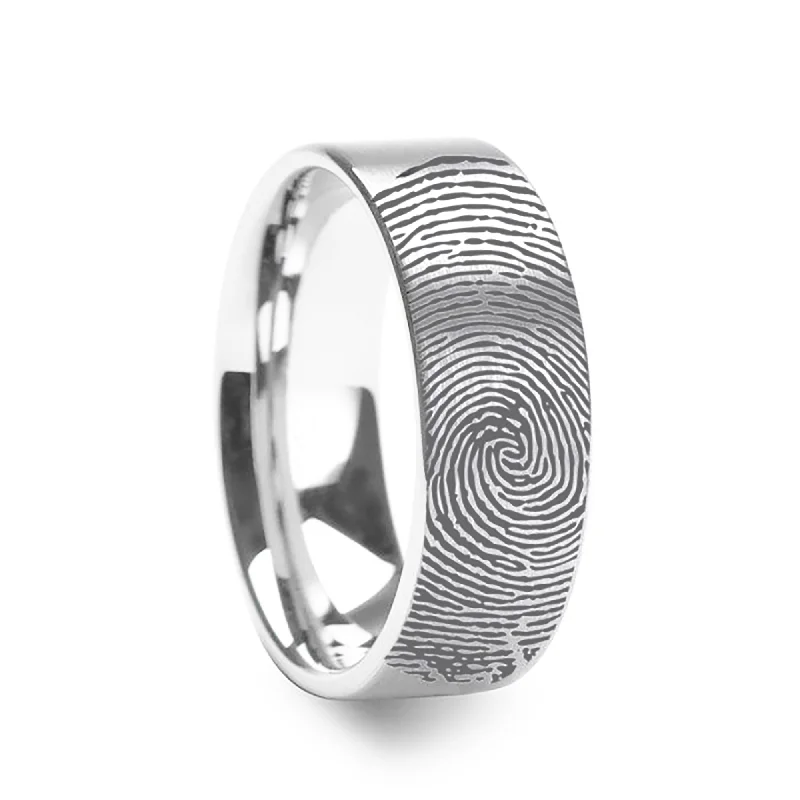 14k Fingerprint Ring White Gold Engraved Flat Brushed Band - 4mm - 8mm