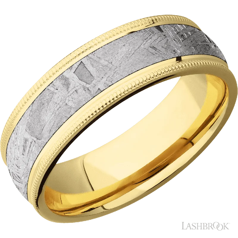 14K Yellow Gold with Polish Finish and Meteorite Inlay Domed Milgrain Edges - 7MM