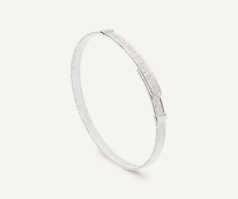 18K White Gold Coil and Diamond Pavé Bangle Bracelet, Thin