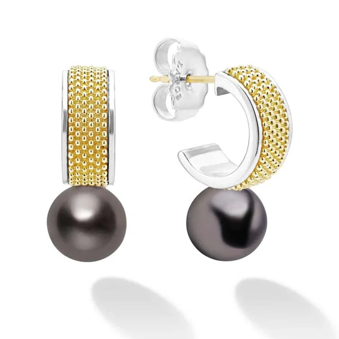 Pearl Drop Earrings LAGOS Two-Tone Tahitian Pearl Hoop Earrings in Sterling Silver and 18K Yellow Gold