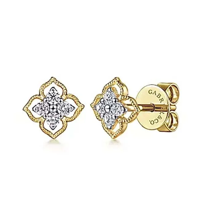 Personalized Engraved Pendant Gabriel & Co. Floral Diamond Stud Earrings in 14K Yellow Gold