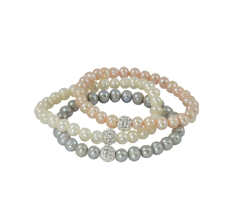 6MM White Pink Grey Pearl 3-Piece Stretch Bracelet