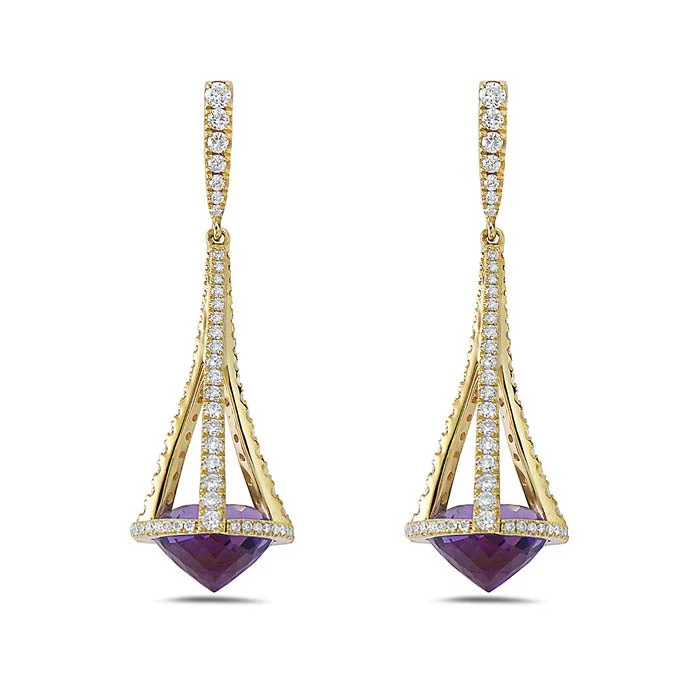 Custom Birthstone Ring Charles Krypell Pastel Collection Chandelier Earrings with Amethyst and Diamonds in 18K Yellow Gold