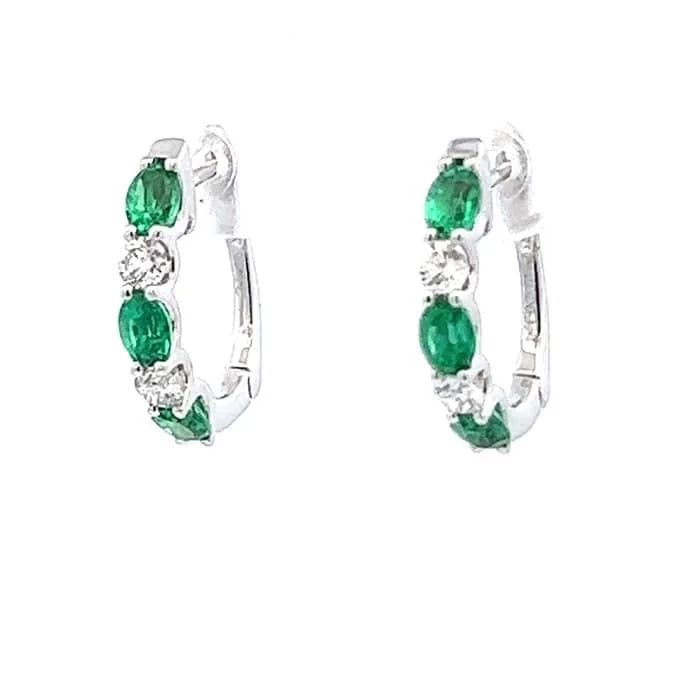 Bar Gold Bracelet Mountz Collection Oval Emerald and Diamond Hinged Hoop Earrings in 14K White Gold