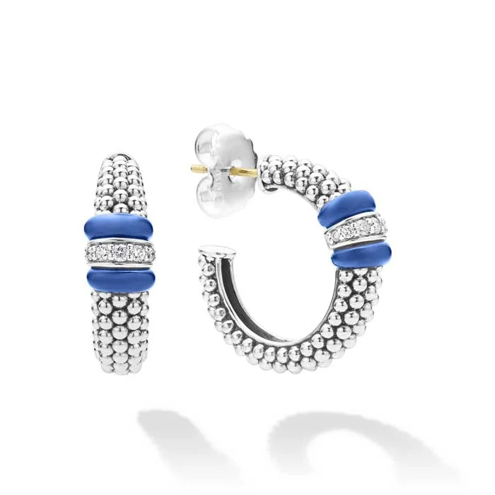 White Gold Chain LAGOS Ultramarine Blue Ceramic Caviar Diamond Hoop Earrings in Sterling Silver