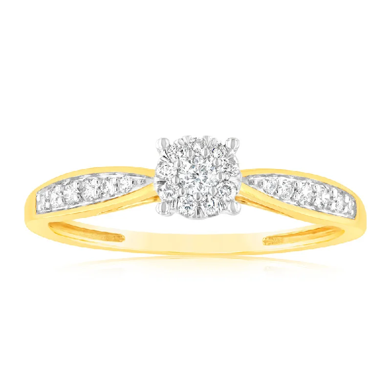 9ct Yellow Gold 1/4 Carat Diamond Halo Solitaire Ring with Diamond 12 Side Diamonds