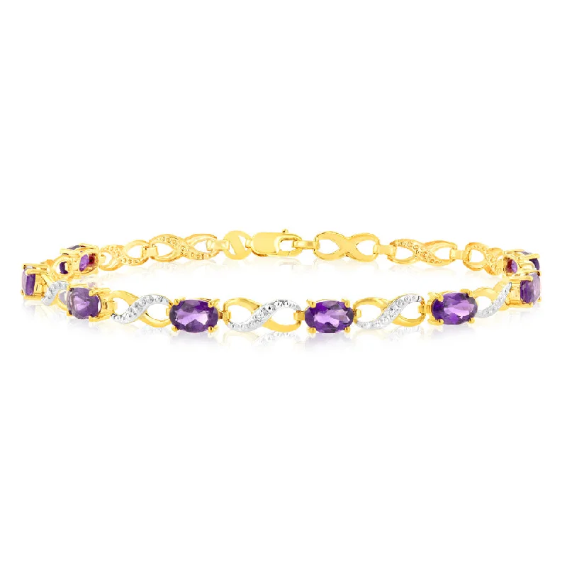 9ct Yellow Gold Natural Amethyst & Diamond Infinity Bracelet