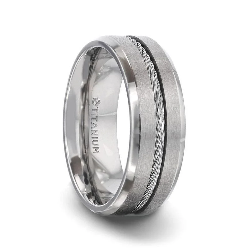 ALBERT Steel Cable Inlaid Brushed Center Titanium Men's Wedding Band With Beveled Polished Edges - 8mm