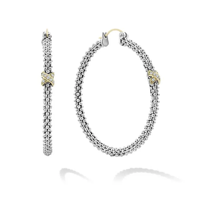 Herringbone Gold Chain LAGOS Large X Diamond Caviar Hoop Earrings in Sterling Silver and 18K Yellow Gold