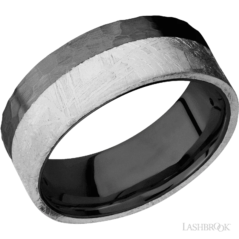 Black Zirconium flat band with an edge meteorite inlay Hammered Finish- 8MM