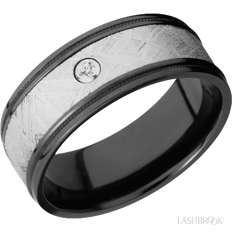 Black Zirconium flat band with milgrained grooved edges, a meteorite inlay and a diamond bezel set - 9MM