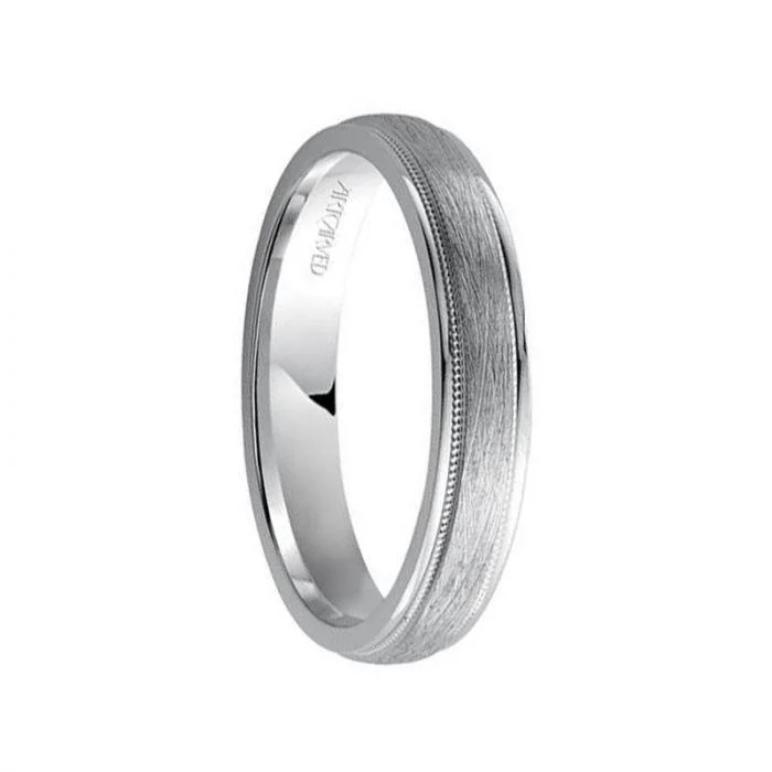 COURTLAND 14k White Gold Wedding Band Crystalline Finish Center with Milgrain Rolled Edges - 4mm, 6mm, & 8mm