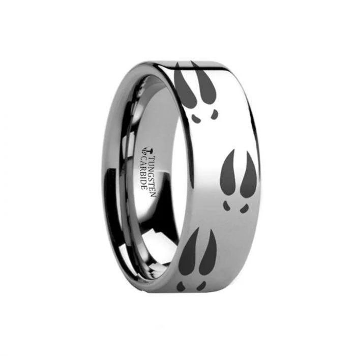 Deer Print Animal Track Engraved Flat Tungsten Ring - 4mm - 12mm