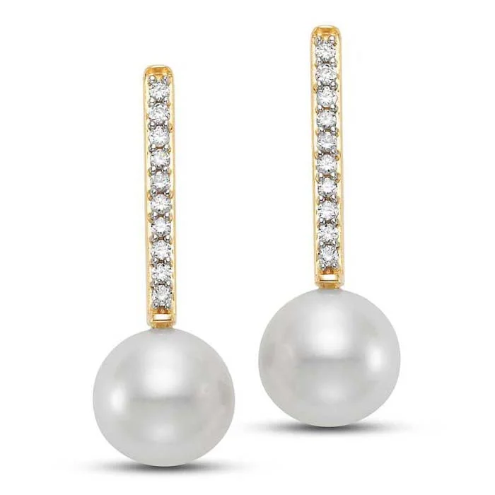 Crystal Stud Earrings Mastoloni 7-7.5mm Freshwater Cultured Pearl and Diamond Stick Earrings in 14K Yellow Gold