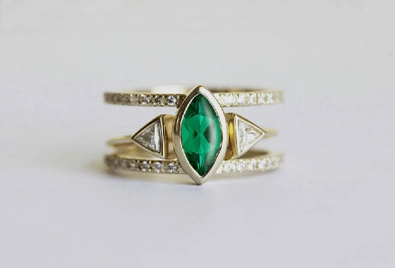 Garnet Drop Earrings Olga Emerald Engagement Ring Set, Triangle Open Wedding Ring Set
