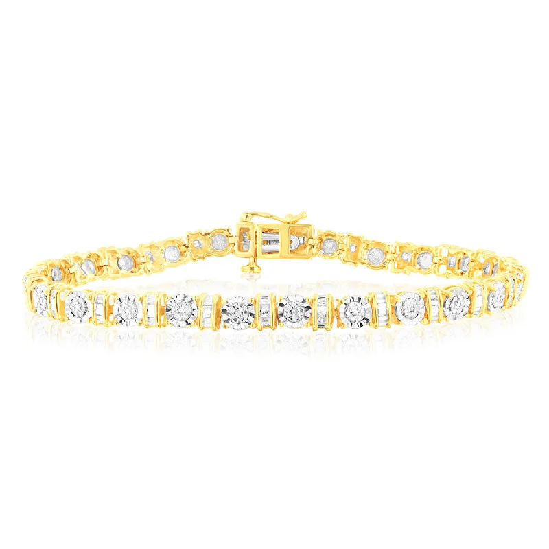 Gold Plated Sterling Silver 1/5 Carat Diamond 18.5cm Bracelet With 59 Round and Baguette Cut Diamonds