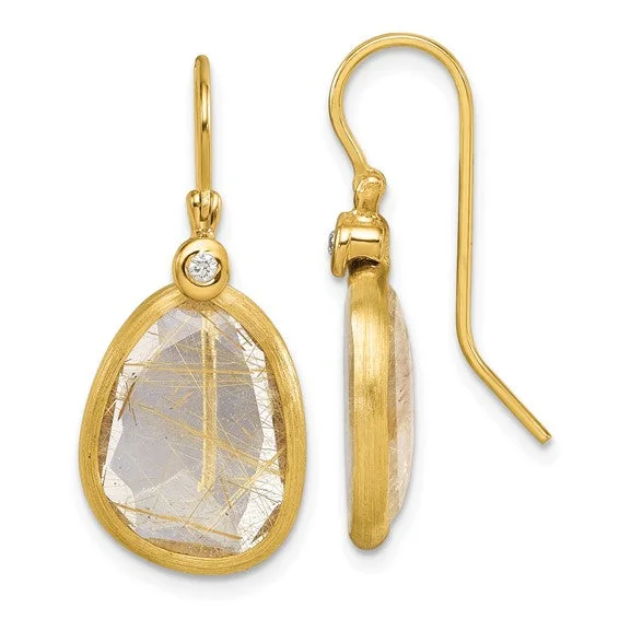 Classic Solitaire Ring 14K Polished Diamond and Rutilated Quartz Dangle Earrings