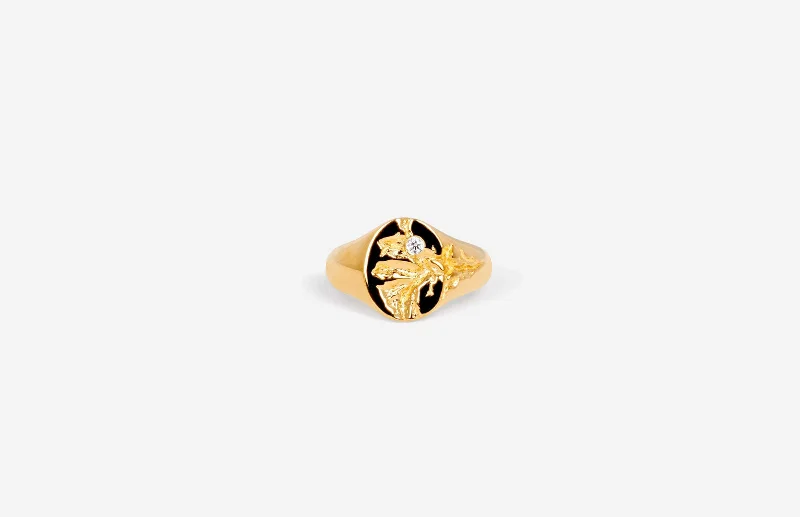 IX Mini Oval Nature Signet 22K Gold Plated w. Zirconia Ring