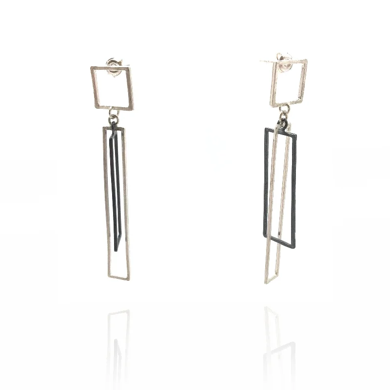 Vintage Diamond Pendant Layered Rectangle Earrings - Oxi/Silver