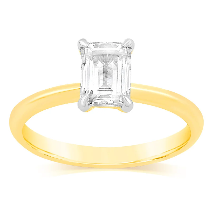 Luminesce Lab Grown Certified 1 Carat Diamond Emerald Cut Engagement Ring in 18ct Yellow Gold