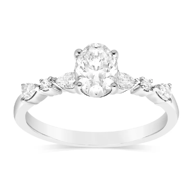 Luminesce Lab Grown Cross 1 Carat Diamond Solitaire Fancy Ring with Central Oval Cut in 14ct White Gold