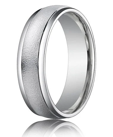 Comfort Fit 18K White Gold Wedding Band with Designer Sand Blasted Finish – 4 mm