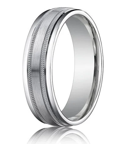 Comfort Fit 18K White Gold Wedding Band with Designer Spun Satin Finish – 6 mm