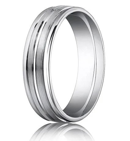 Comfort Fit 18K White Gold Wedding Band with Designer Engraved & Polished Finish – 6 mm